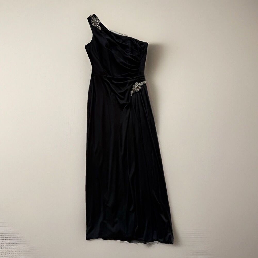 Alex Evenings Black One Shoulder Ruched Grecian Style Beaded Gown Size 8